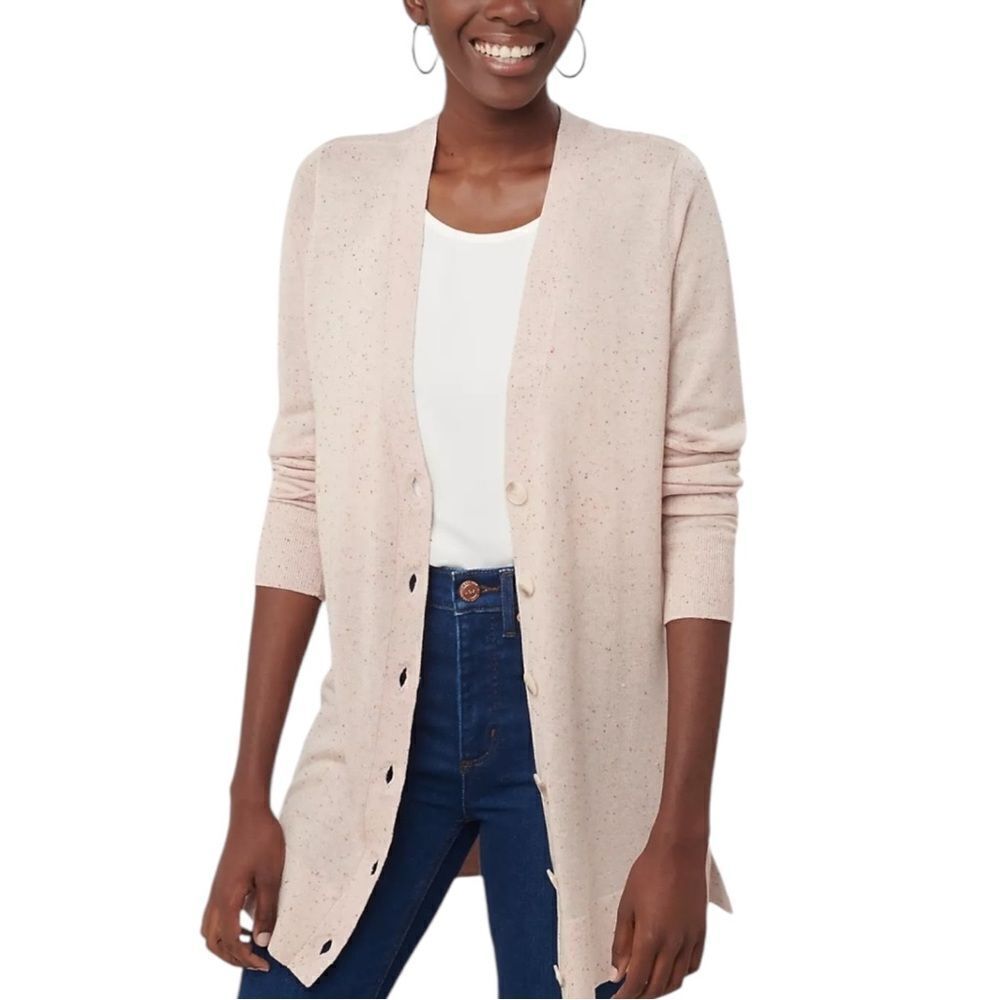 LOFT Ann Taylor Speckled Beige Button Up Cardigan Knit Small EUC